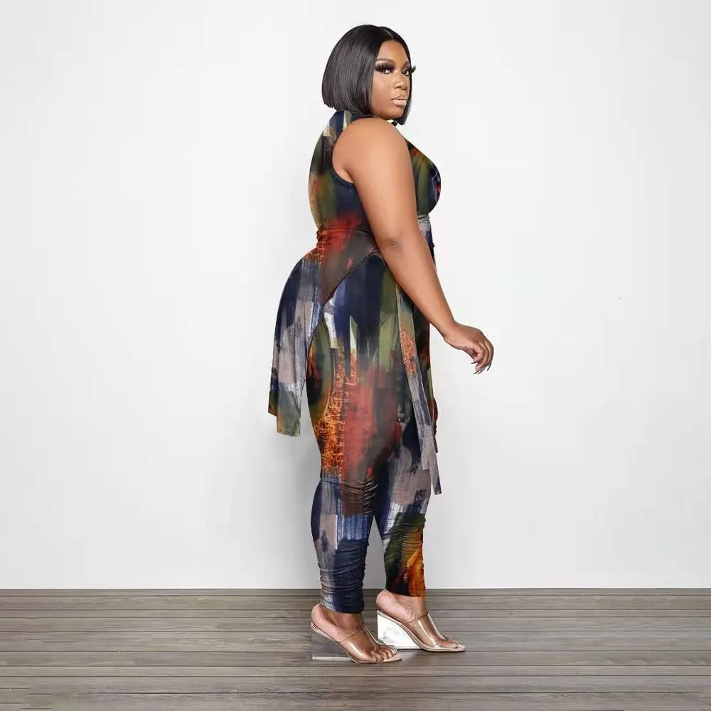 Women Plus Size 2 Piece Outfits Jumpsuit Camouflage Print Sleeveless Slit Tunic Tops Pant Set