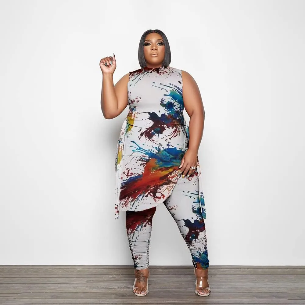 Women Plus Size 2 Piece Outfits Jumpsuit Camouflage Print Sleeveless Slit Tunic Tops Pant Set