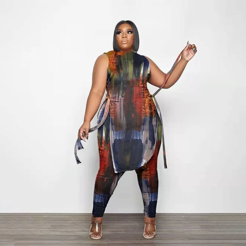 Women Plus Size 2 Piece Outfits Jumpsuit Camouflage Print Sleeveless Slit Tunic Tops Pant Set