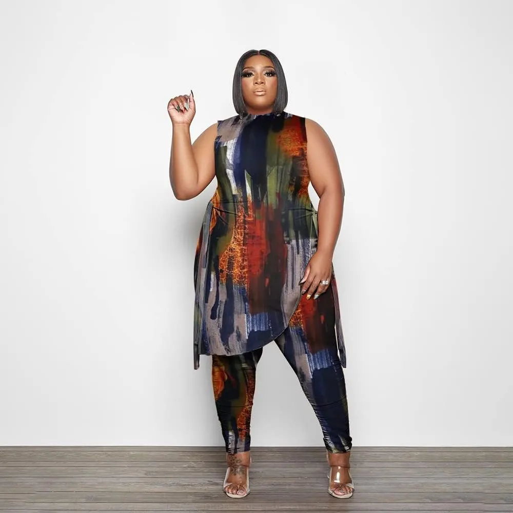 Women Plus Size 2 Piece Outfits Jumpsuit Camouflage Print Sleeveless Slit Tunic Tops Pant Set