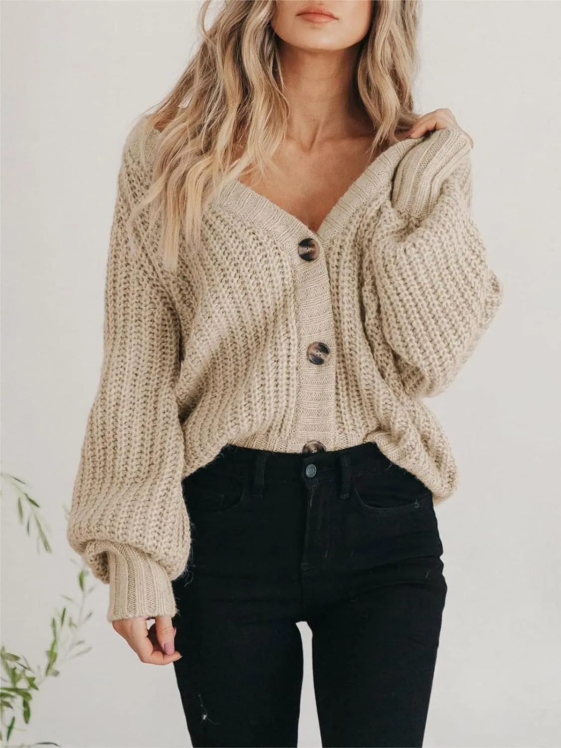 Womens Chunky Knit Pure Colour Open Front Sweater Long Sleeve Button Loose Short Cardigan Outerwear Coats