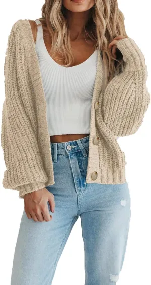 Womens Chunky Knit Pure Colour Open Front Sweater Long Sleeve Button Loose Short Cardigan Outerwear Coats