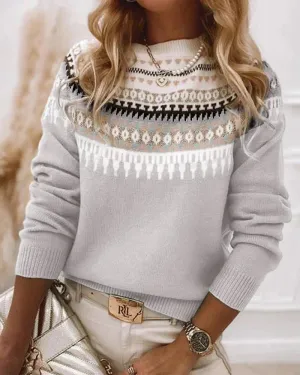 Womens Fair Isle Sweaters Vintage Argyle Iceland Norway Sweater Colorful Crew Neck Long Sleeve Pullover Jumper Tops