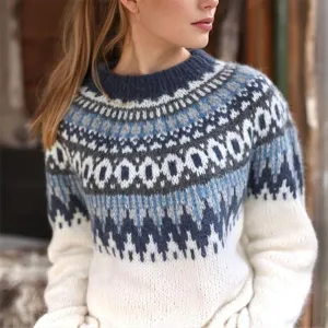 Womens Fair Isle Sweaters Vintage Argyle Iceland Norway Sweater Colorful Crew Neck Long Sleeve Pullover Jumper Tops