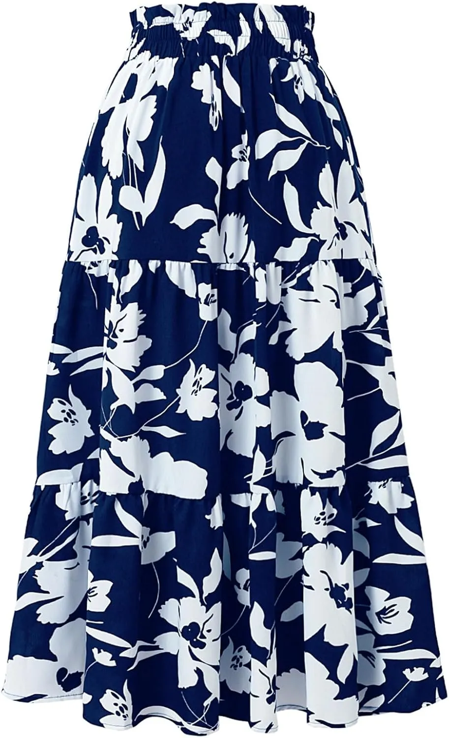 Women's Floral Tiered Midi Skirt Elastic Waist Dressy Casual A-line Summer Boho Skirts