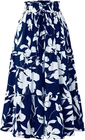 Women's Floral Tiered Midi Skirt Elastic Waist Dressy Casual A-line Summer Boho Skirts