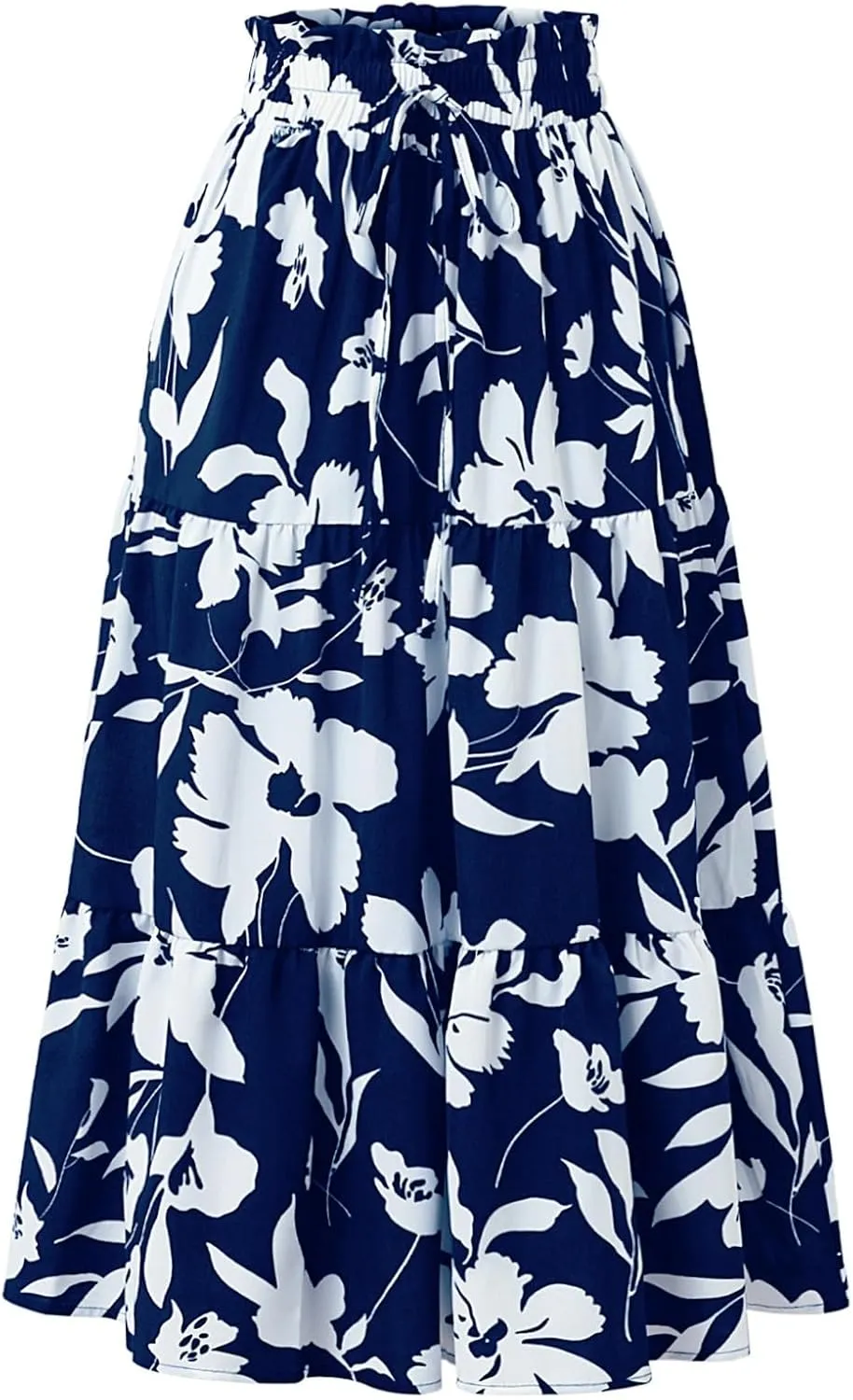 Women's Floral Tiered Midi Skirt Elastic Waist Dressy Casual A-line Summer Boho Skirts