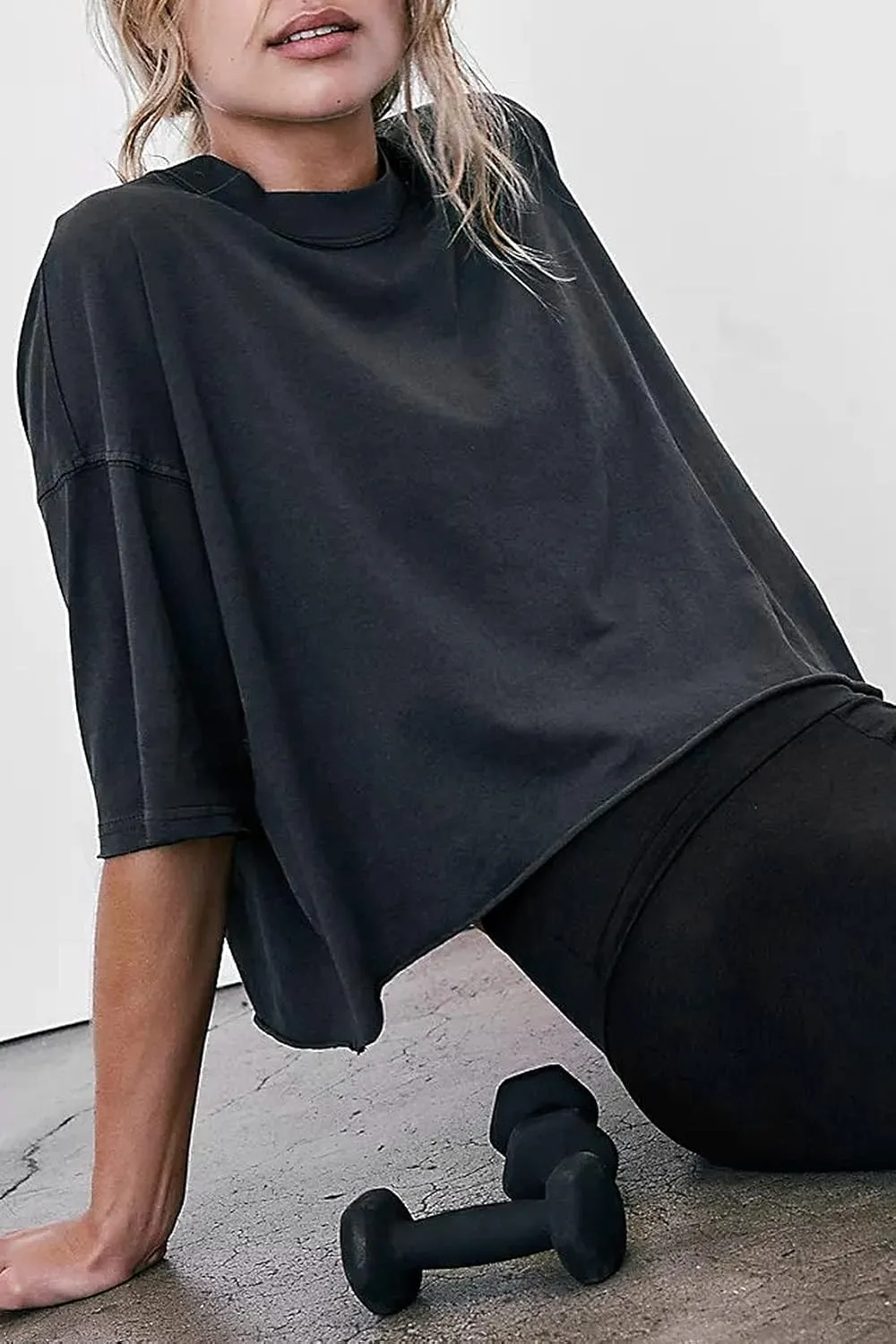Women's Oversize Workout Crop Tops Casual Short Sleeve Drop Shoulder Boxy T-Shirts Roll Hem Basic Loose Yoga Running Tees