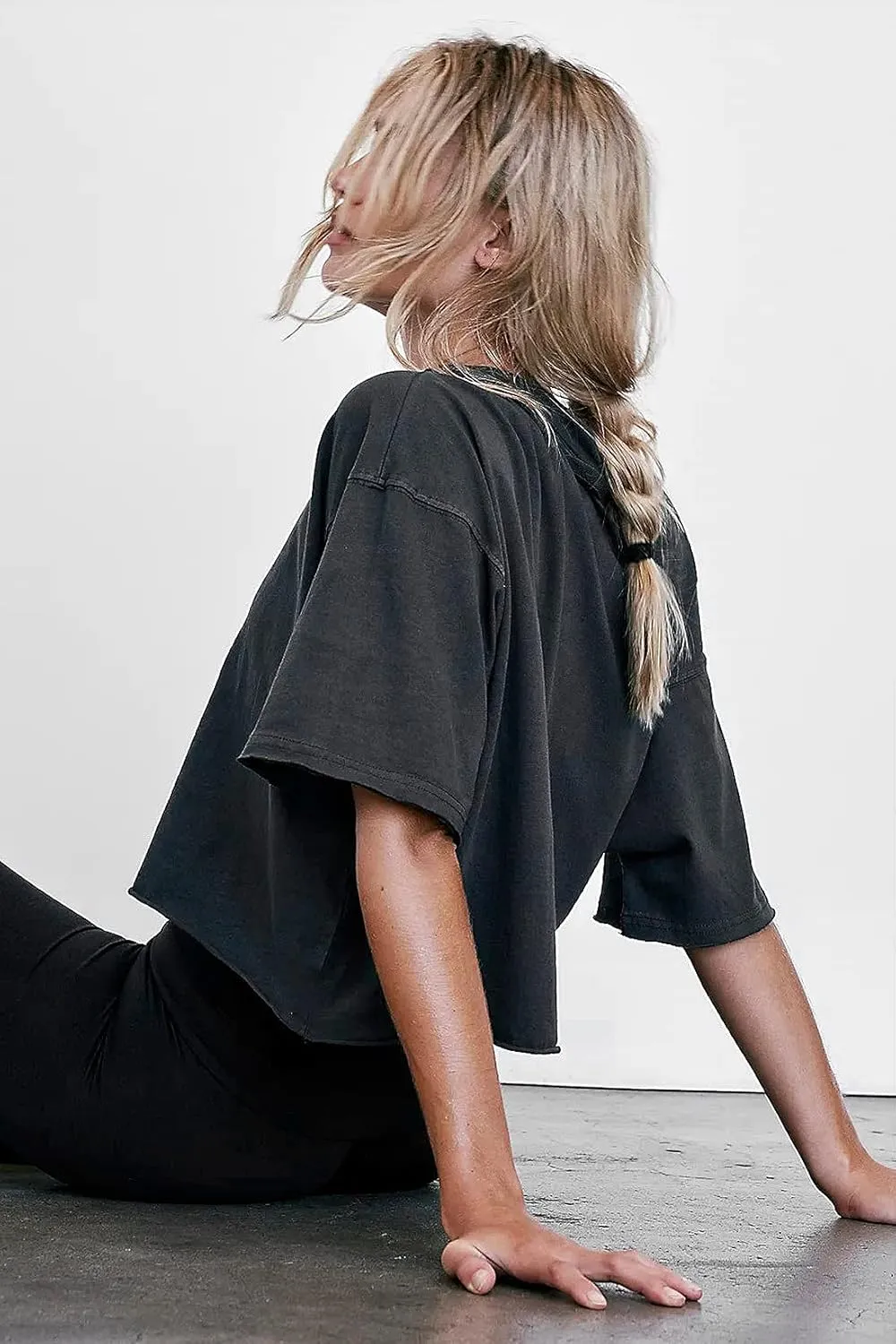 Women's Oversize Workout Crop Tops Casual Short Sleeve Drop Shoulder Boxy T-Shirts Roll Hem Basic Loose Yoga Running Tees