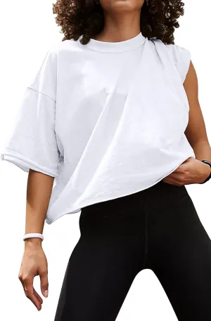 Women's Oversize Workout Crop Tops Casual Short Sleeve Drop Shoulder Boxy T-Shirts Roll Hem Basic Loose Yoga Running Tees