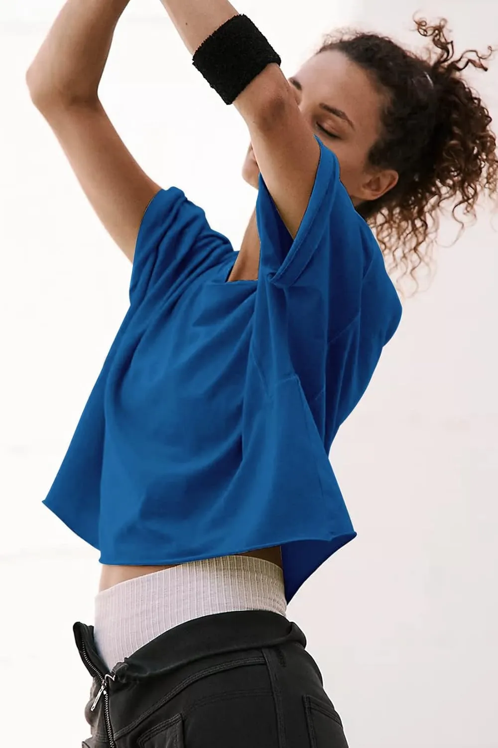 Women's Oversize Workout Crop Tops Casual Short Sleeve Drop Shoulder Boxy T-Shirts Roll Hem Basic Loose Yoga Running Tees