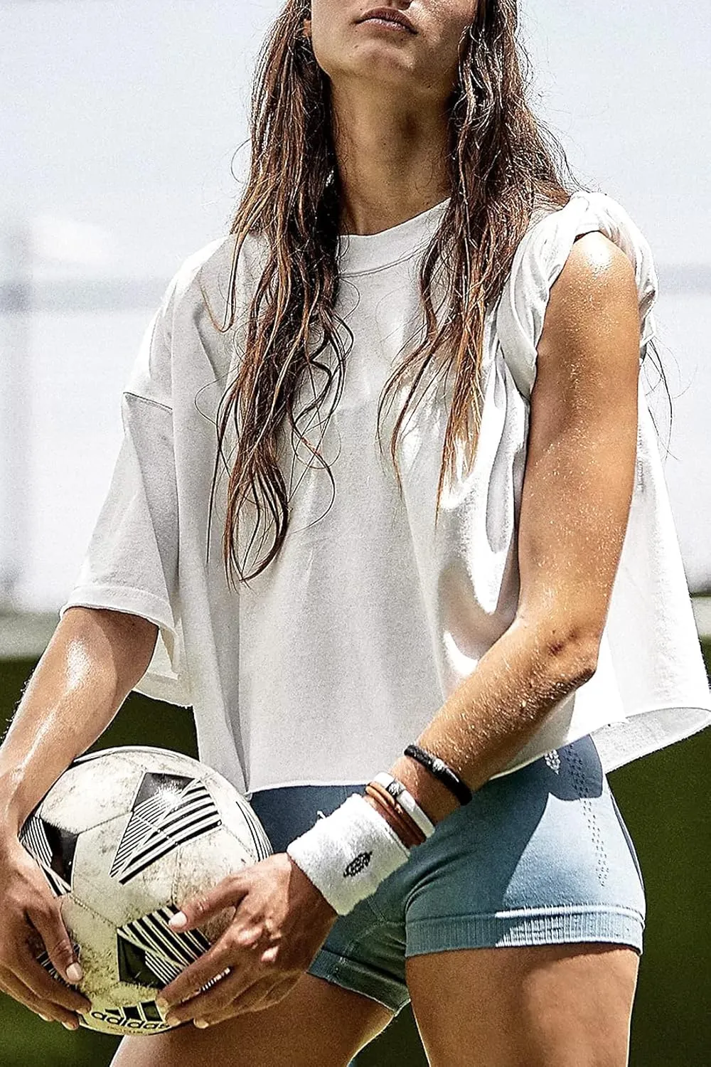 Women's Oversize Workout Crop Tops Casual Short Sleeve Drop Shoulder Boxy T-Shirts Roll Hem Basic Loose Yoga Running Tees