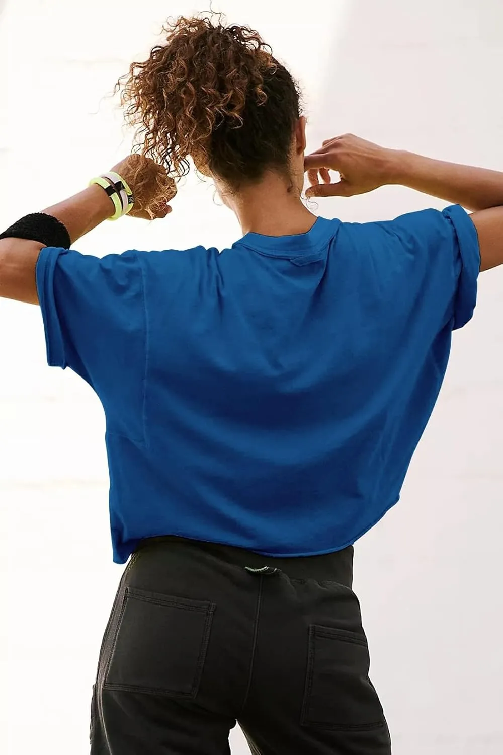 Women's Oversize Workout Crop Tops Casual Short Sleeve Drop Shoulder Boxy T-Shirts Roll Hem Basic Loose Yoga Running Tees