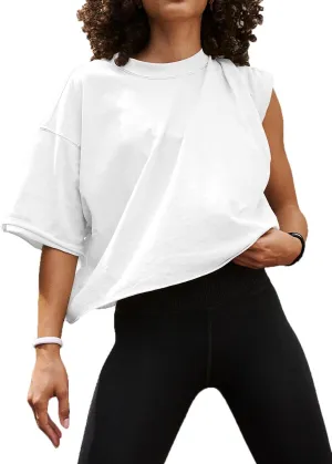 Women's Oversized Crop Tops Roll Hem Half Sleeve T-Shirts Drop Shoulder Casual Summer Tops