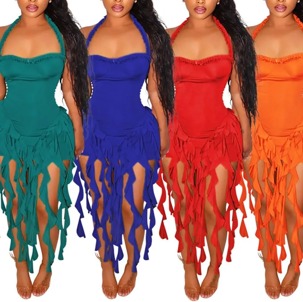 Women's Sexy Fringe Ruffle Halter Neck Off Shoulder Bodycon Blackless Ruched Tassel Hem Mini Flowy Dress