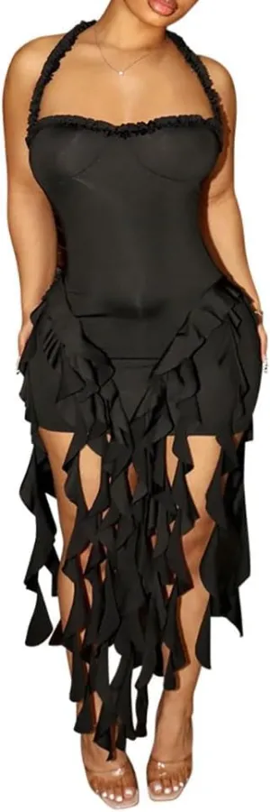 Women's Sexy Fringe Ruffle Halter Neck Off Shoulder Bodycon Blackless Ruched Tassel Hem Mini Flowy Dress
