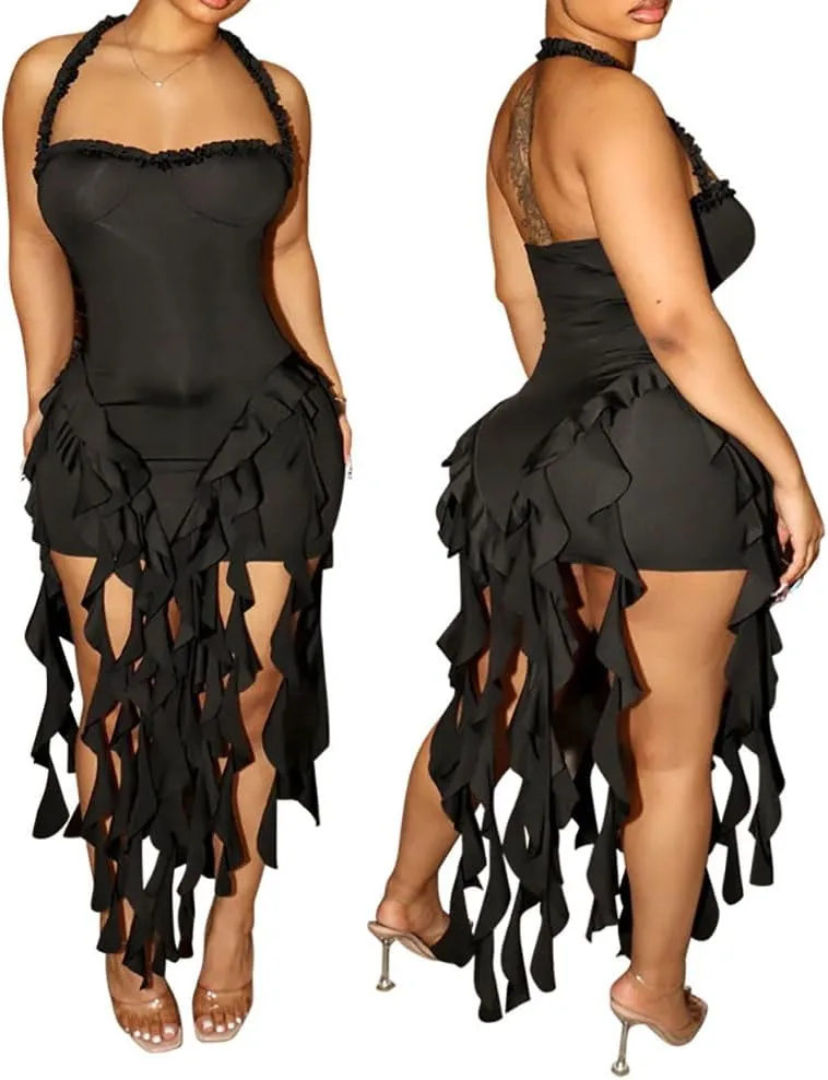 Women's Sexy Fringe Ruffle Halter Neck Off Shoulder Bodycon Blackless Ruched Tassel Hem Mini Flowy Dress