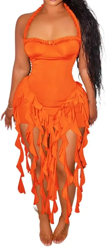 Women's Sexy Fringe Ruffle Halter Neck Off Shoulder Bodycon Blackless Ruched Tassel Hem Mini Flowy Dress