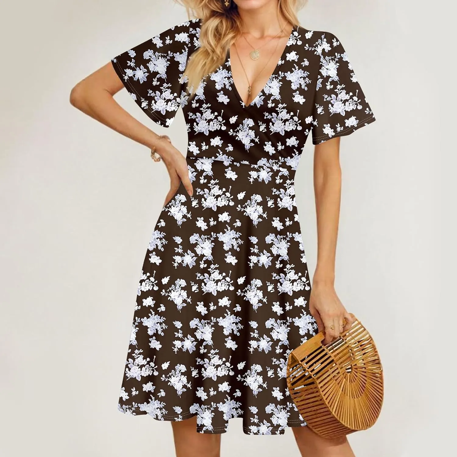 Wrap Dress for Women Cute Spring Floral Flowy Casual Midi Dresses Bohemian Simple Empire Waist Fit and Flare Dress