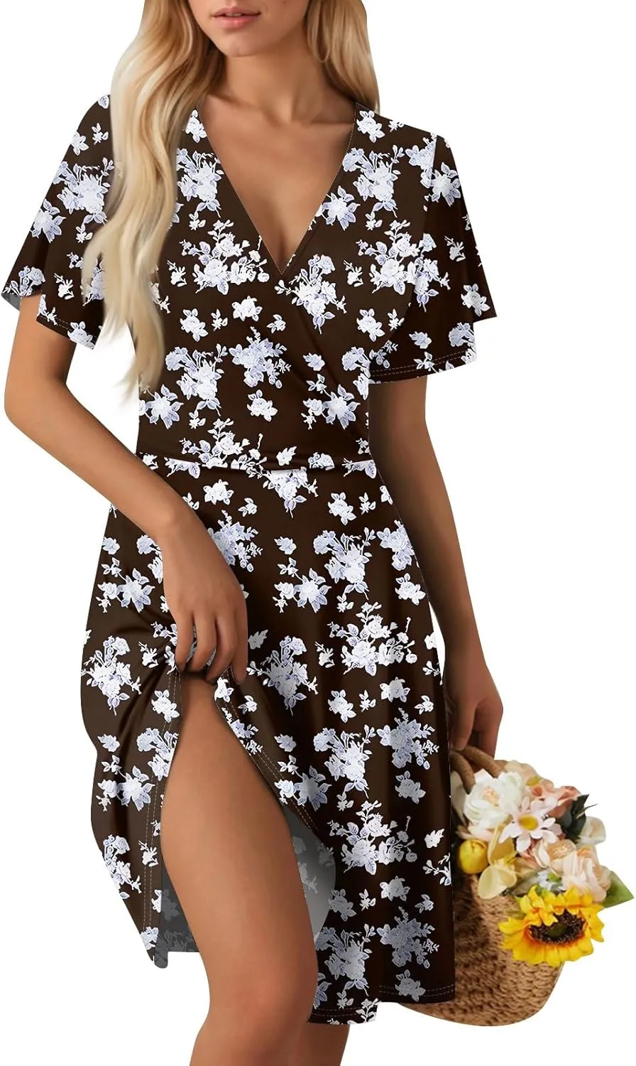 Wrap Dress for Women Cute Spring Floral Flowy Casual Midi Dresses Bohemian Simple Empire Waist Fit and Flare Dress