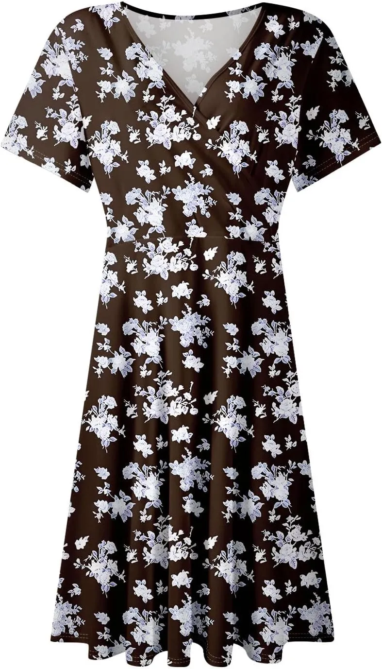 Wrap Dress for Women Cute Spring Floral Flowy Casual Midi Dresses Bohemian Simple Empire Waist Fit and Flare Dress