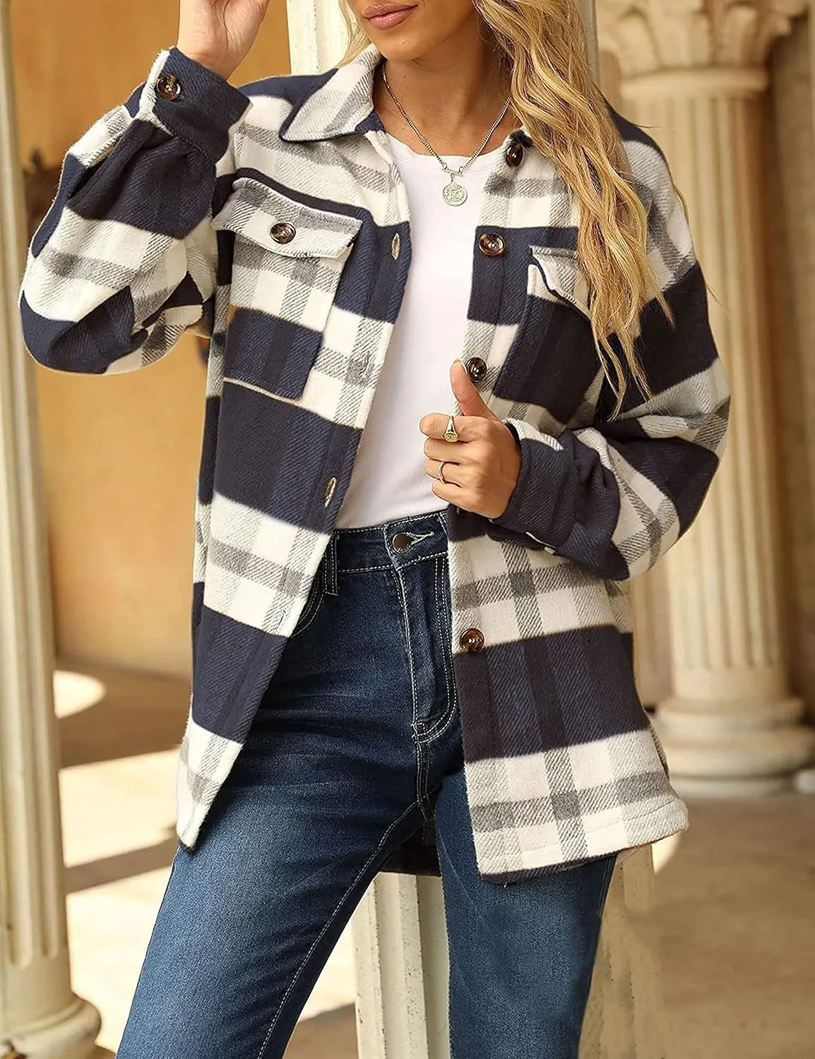 Yeokou Women's Fall Color Block Plaid Flannel Shacket Jacket Button Down Shirt Coat Tops