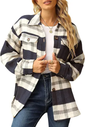 Yeokou Women's Fall Color Block Plaid Flannel Shacket Jacket Button Down Shirt Coat Tops