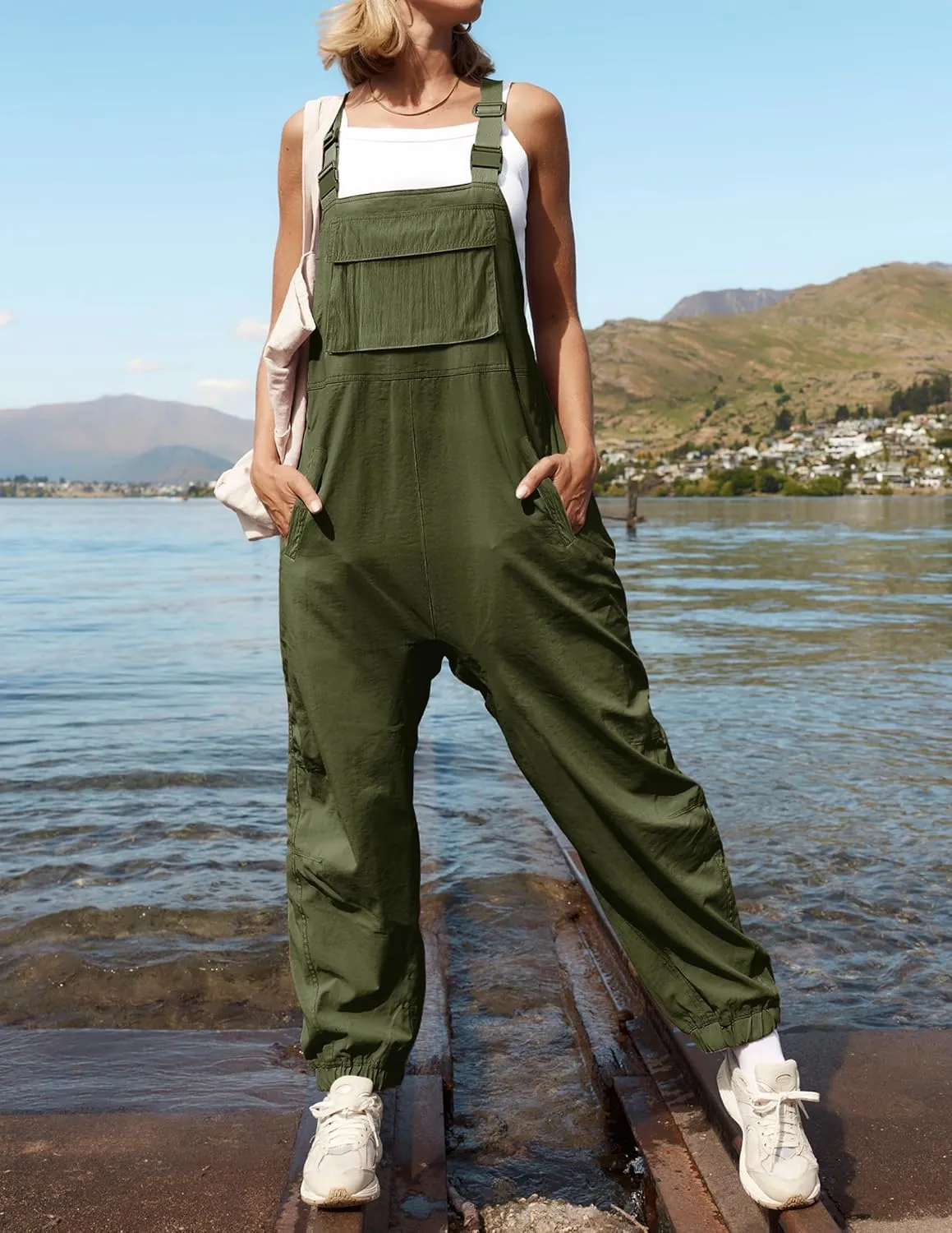 ZESICA Women's Sleeveless Overalls Jumpsuit Casual Loose Adjustable Straps Bib Long Pant Jumpsuits with Pockets