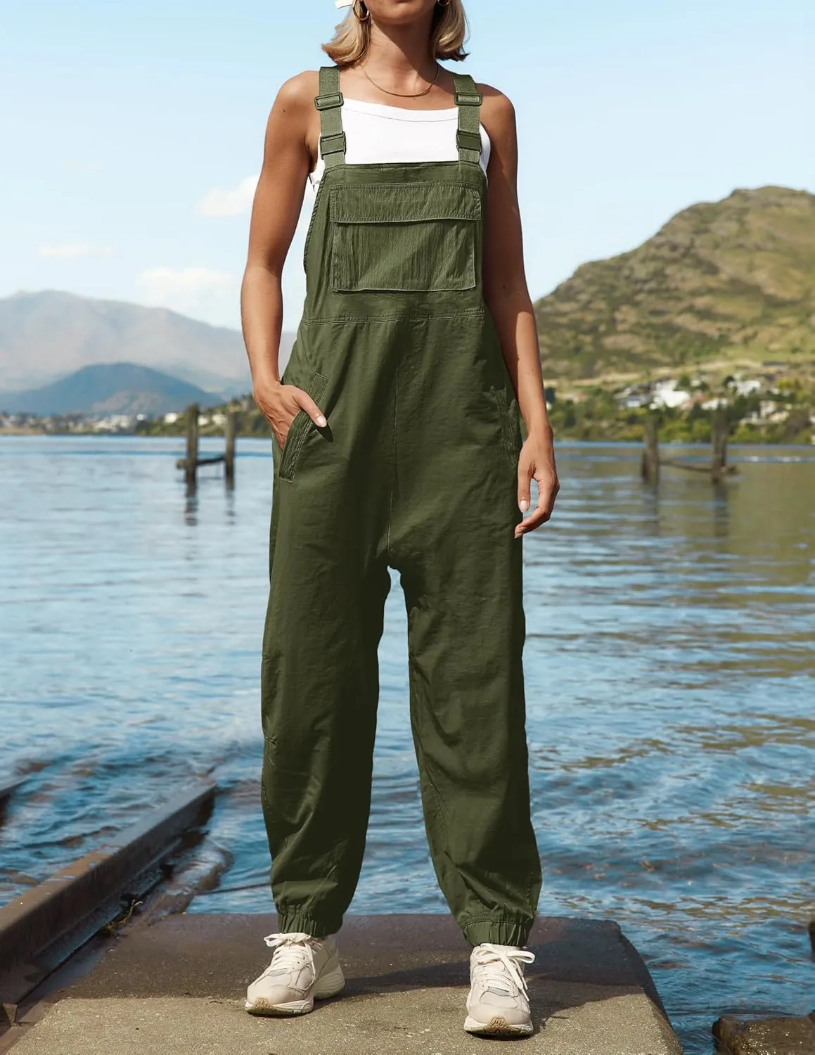 ZESICA Women's Sleeveless Overalls Jumpsuit Casual Loose Adjustable Straps Bib Long Pant Jumpsuits with Pockets