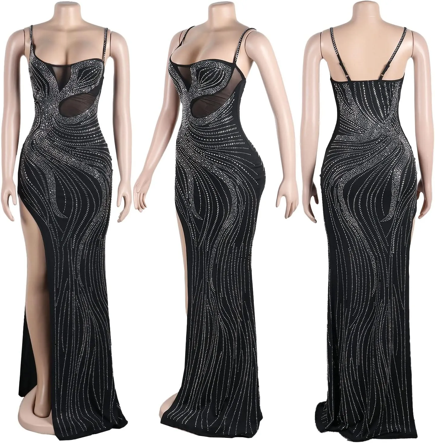 Zoctuo Women's Sexy Rhinestone Sleeveless Birthday Party Club Outfit Mesh See Through Bodycon Maxi Formal Evening Dress