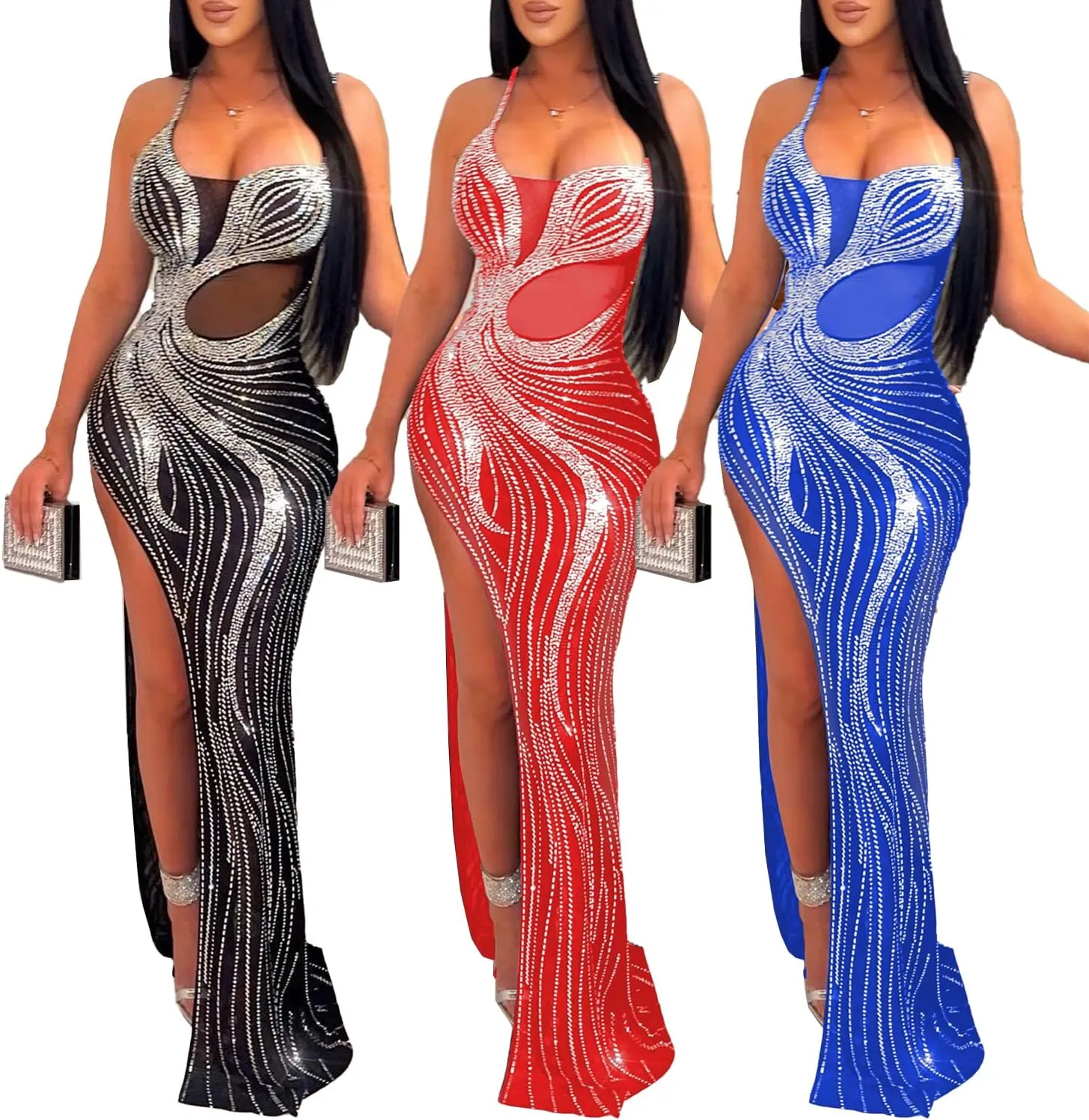 Zoctuo Women's Sexy Rhinestone Sleeveless Birthday Party Club Outfit Mesh See Through Bodycon Maxi Formal Evening Dress