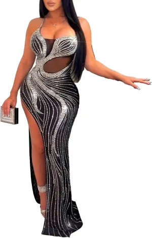 Zoctuo Women's Sexy Rhinestone Sleeveless Birthday Party Club Outfit Mesh See Through Bodycon Maxi Formal Evening Dress